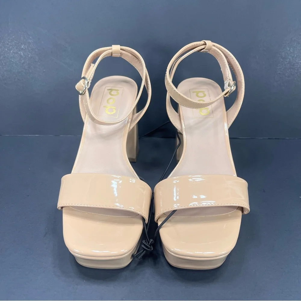 Womens Nude Tan Patent Platform Block Heel Sandals Beige size 7 new in box - Picture 4 of 8